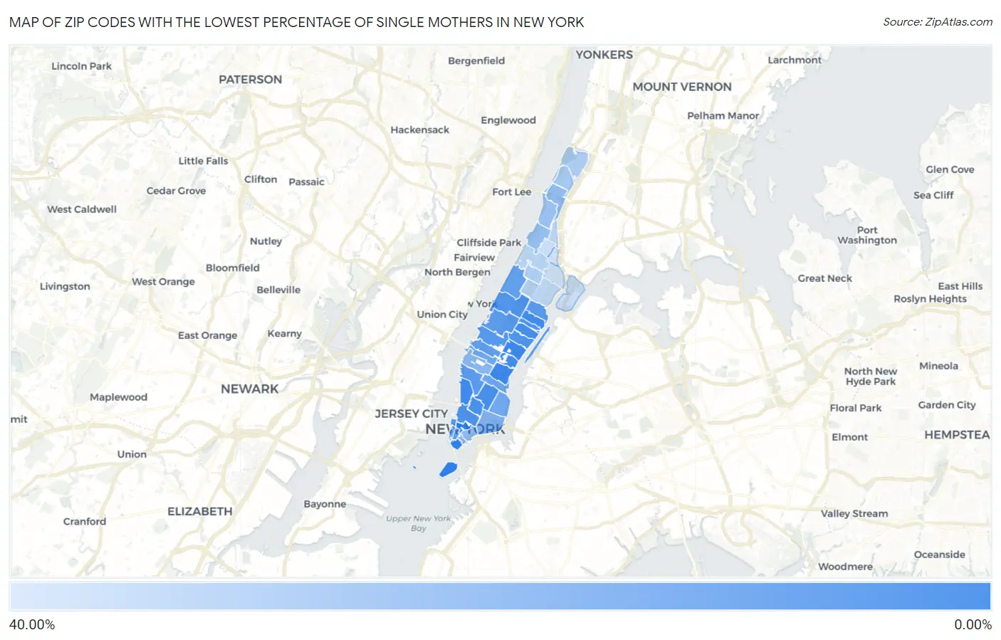 Zip Codes with the Lowest Percentage of Single Mothers in New York Map