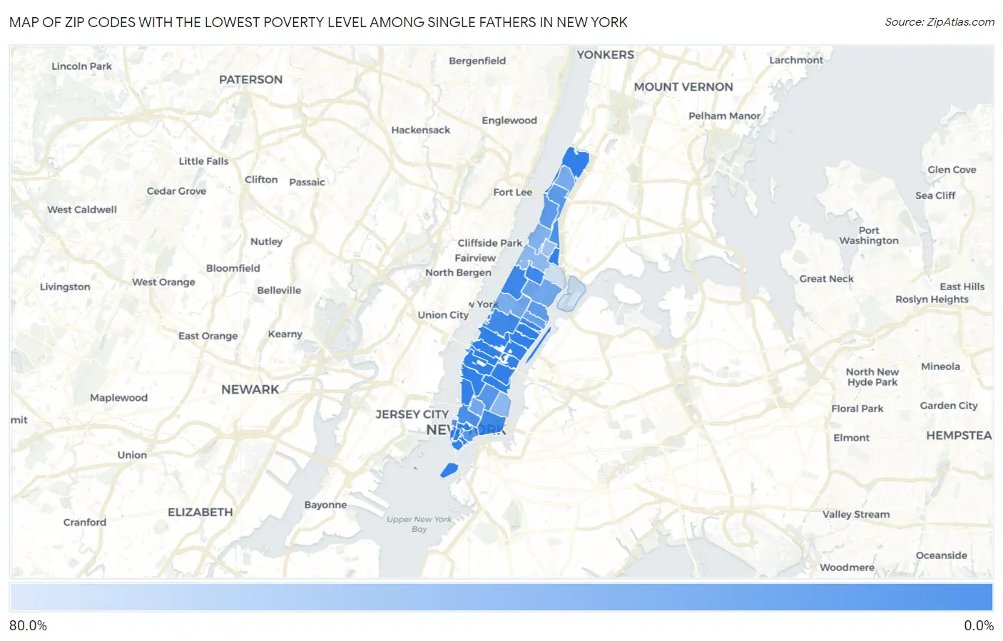 Zip Codes with the Lowest Poverty Level Among Single Fathers in New York Map