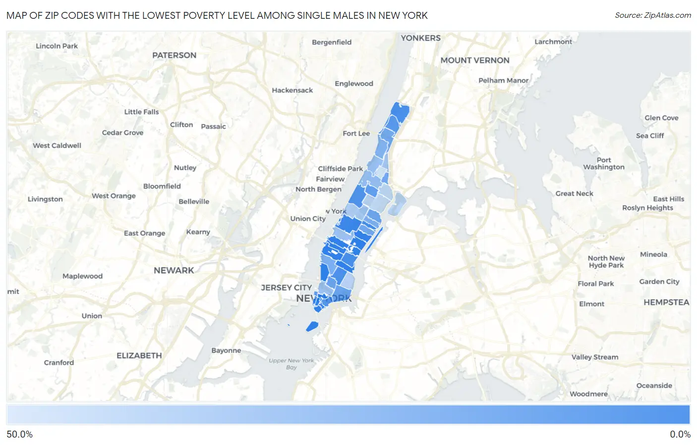 Zip Codes with the Lowest Poverty Level Among Single Males in New York Map