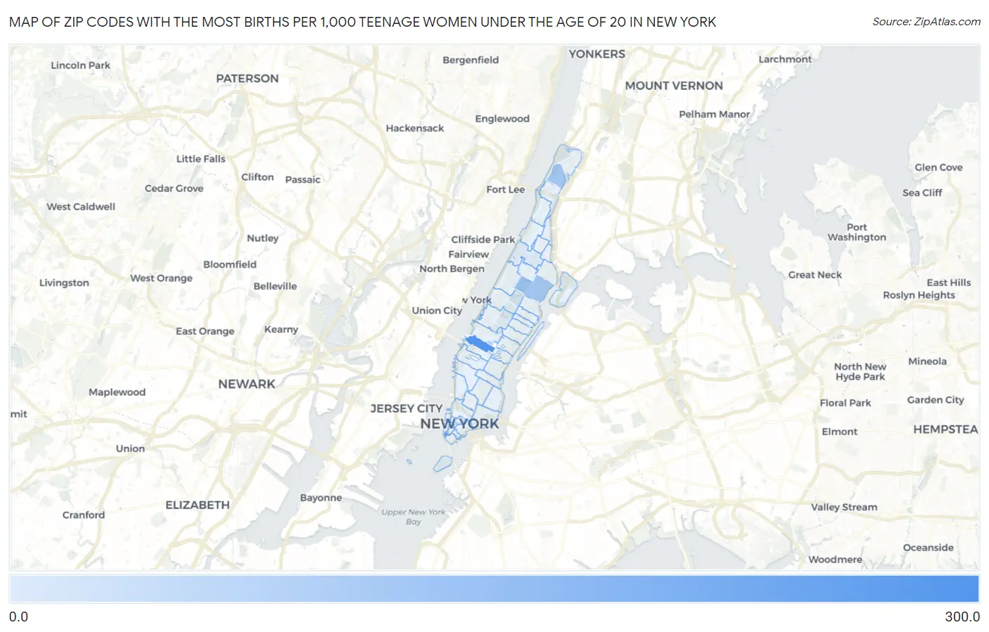 Zip Codes with the Most Births per 1,000 Teenage Women Under the Age of 20 in New York Map