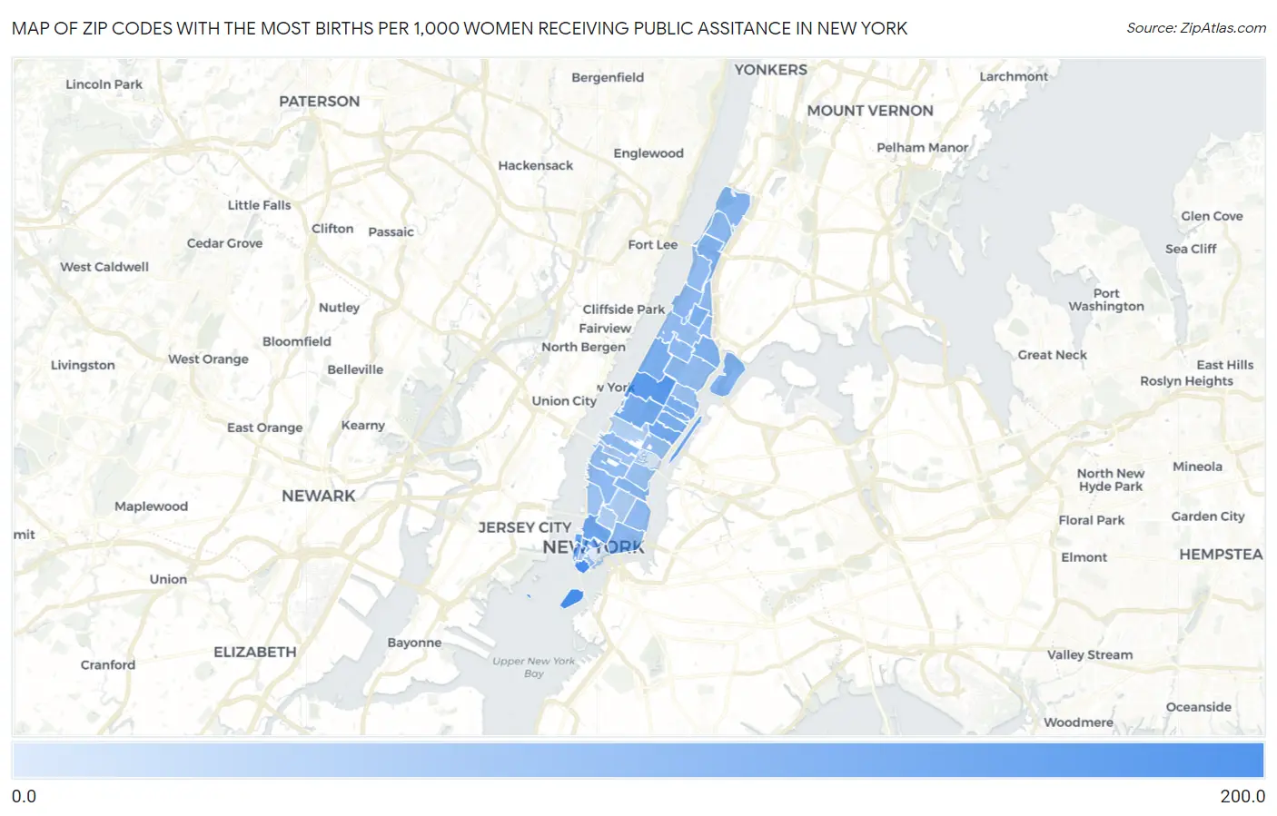 Zip Codes with the Most Births per 1,000 Women Receiving Public Assitance in New York Map