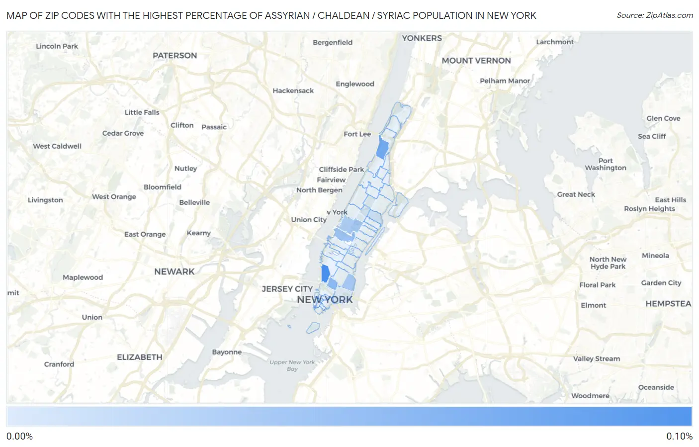 Zip Codes with the Highest Percentage of Assyrian / Chaldean / Syriac Population in New York Map