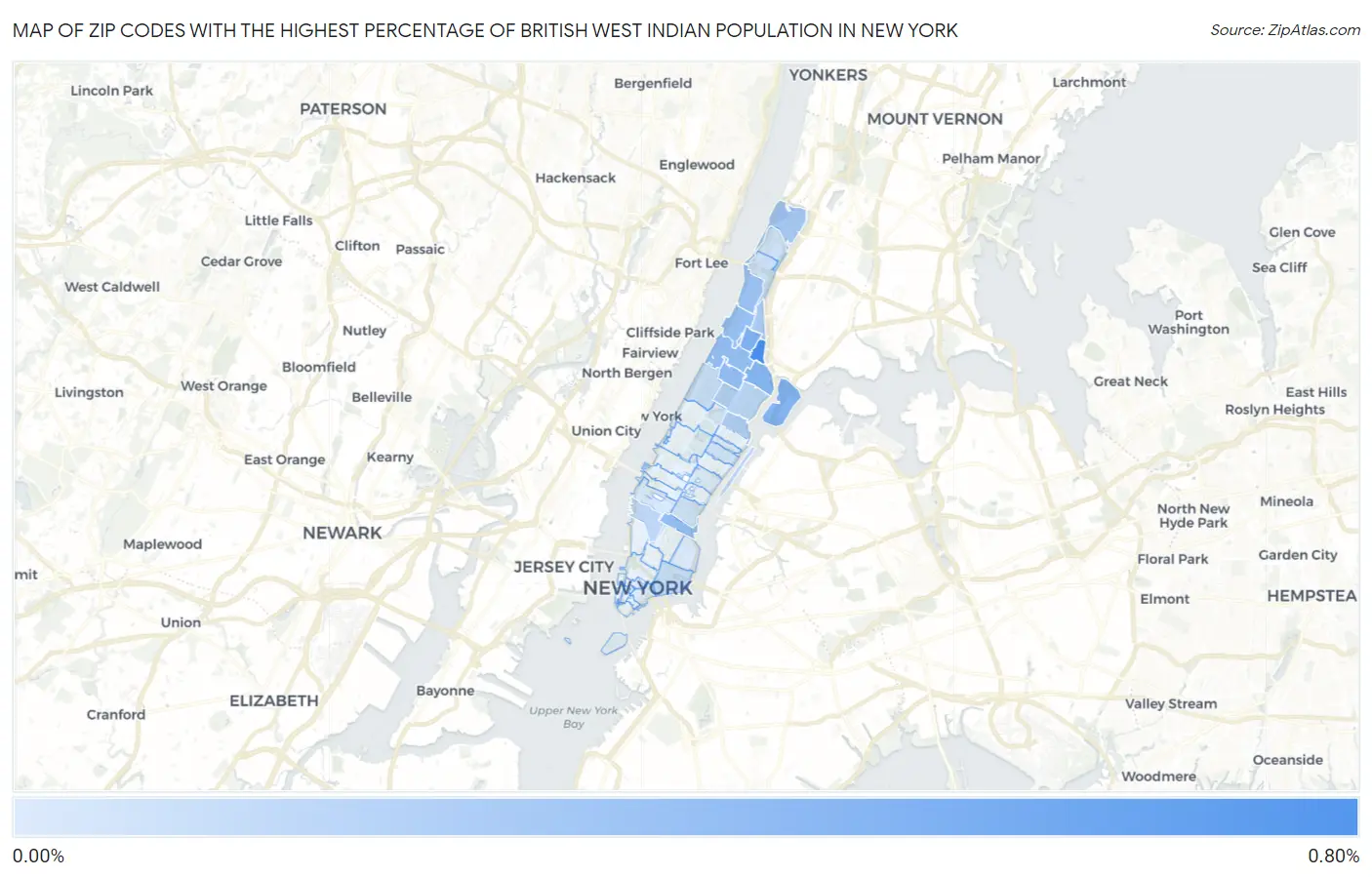 Zip Codes with the Highest Percentage of British West Indian Population in New York Map
