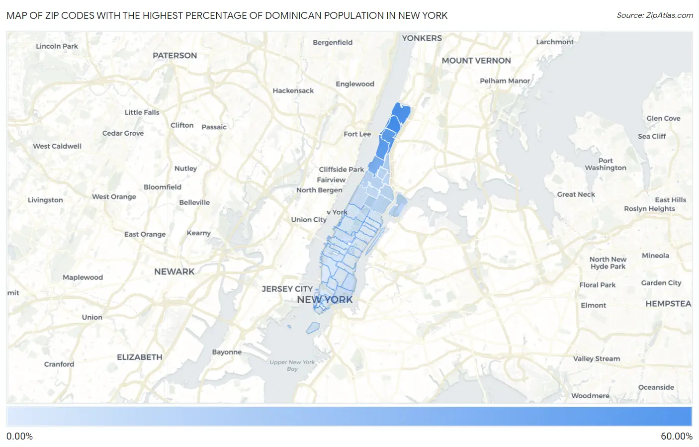 Zip Codes with the Highest Percentage of Dominican Population in New York Map