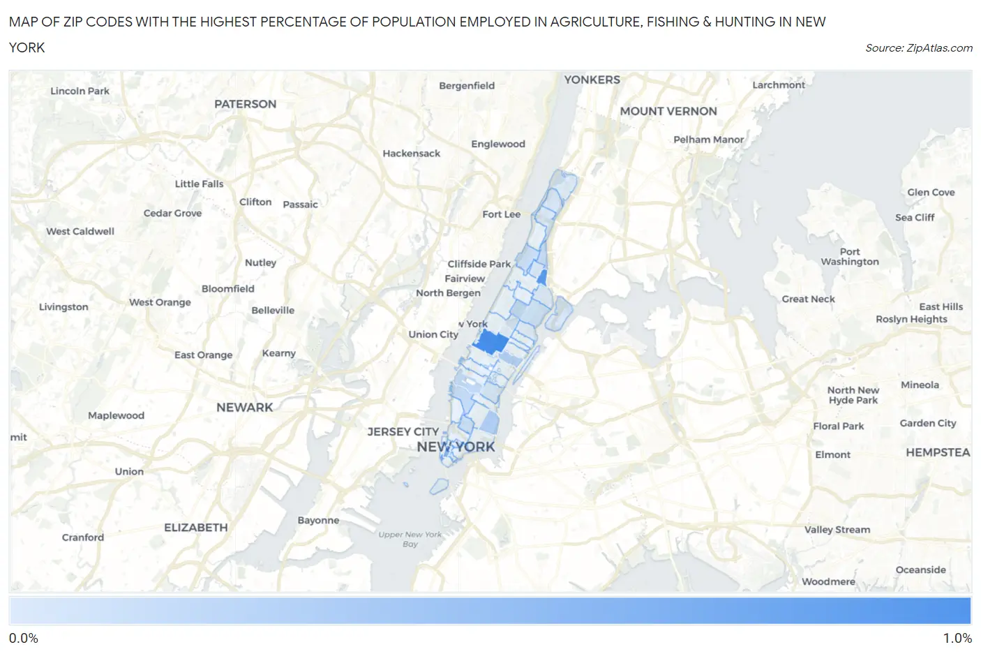Zip Codes with the Highest Percentage of Population Employed in Agriculture, Fishing & Hunting in New York Map