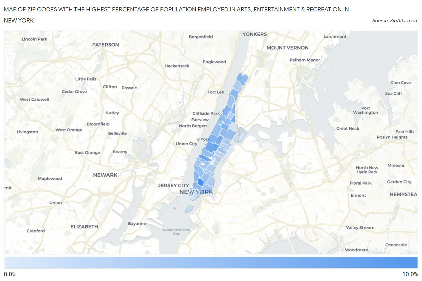 Zip Codes with the Highest Percentage of Population Employed in Arts, Entertainment & Recreation in New York Map