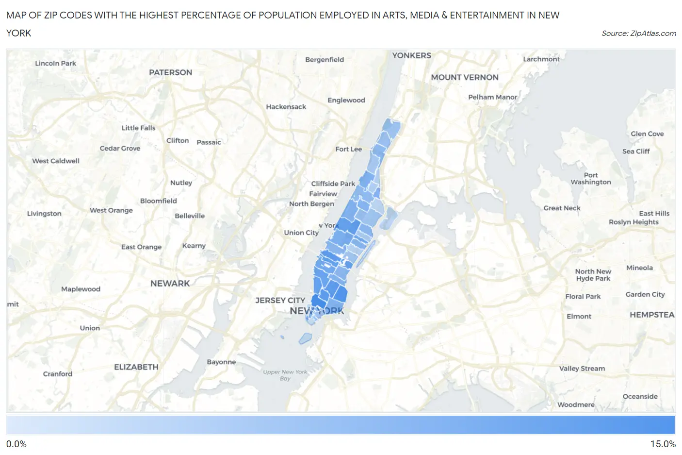 Zip Codes with the Highest Percentage of Population Employed in Arts, Media & Entertainment in New York Map