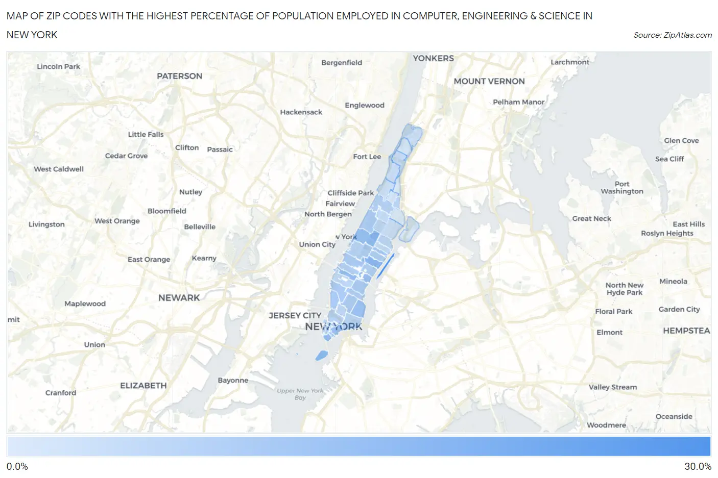 Zip Codes with the Highest Percentage of Population Employed in Computer, Engineering & Science in New York Map