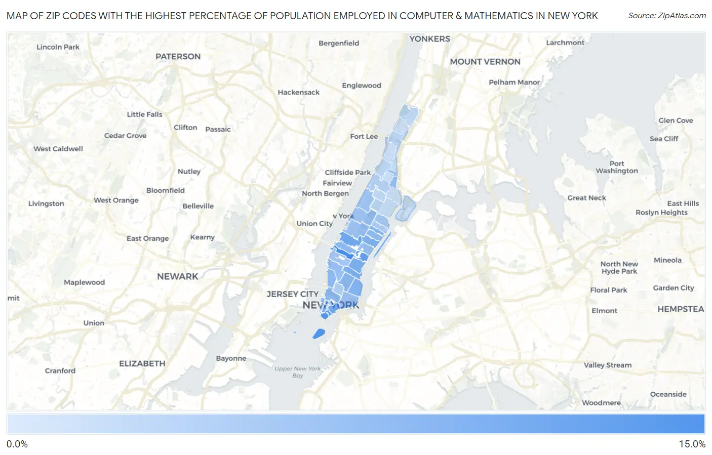 Zip Codes with the Highest Percentage of Population Employed in Computer & Mathematics in New York Map