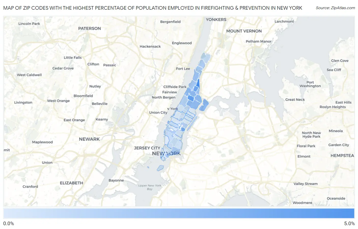 Zip Codes with the Highest Percentage of Population Employed in Firefighting & Prevention in New York Map