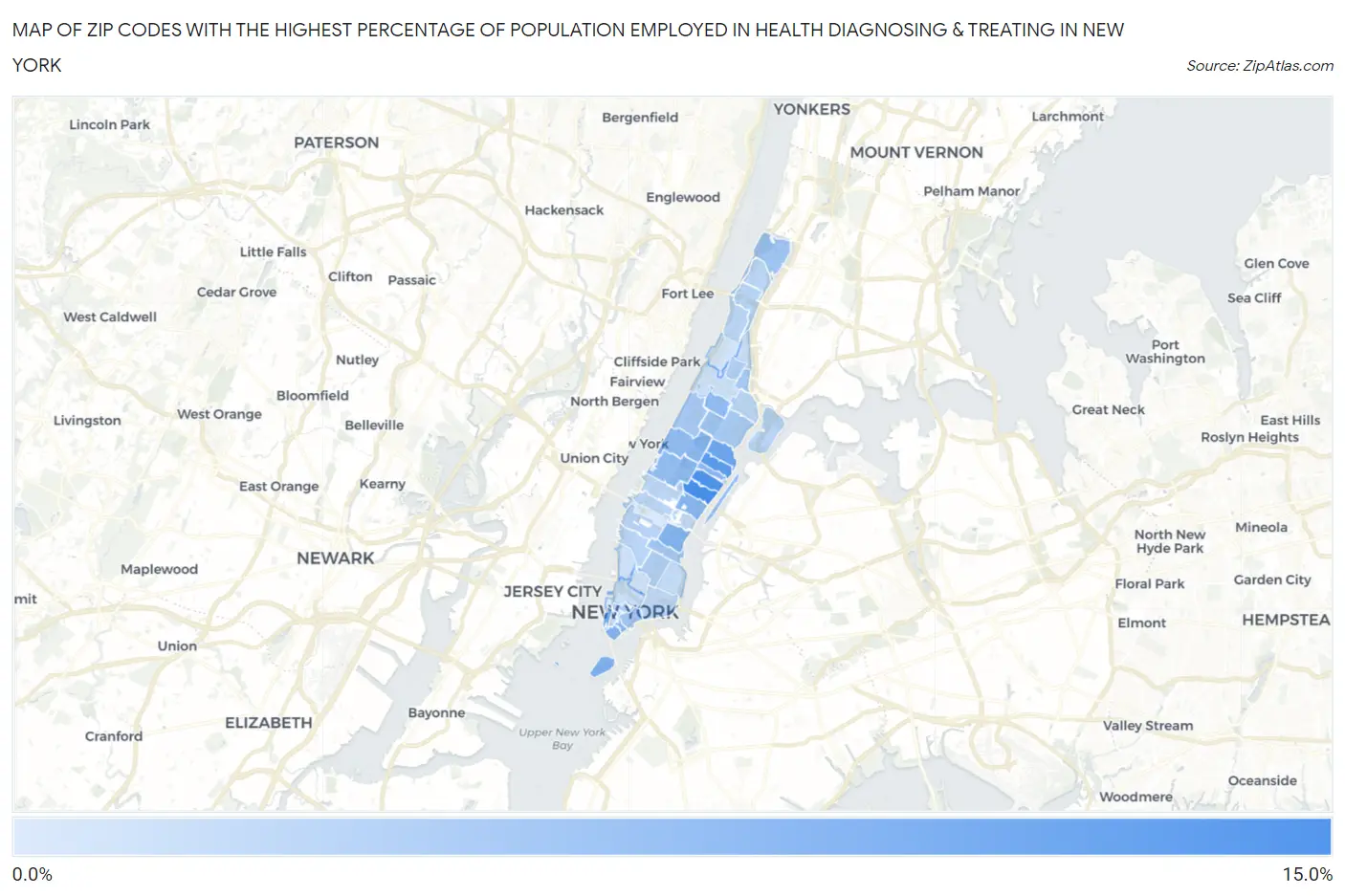 Zip Codes with the Highest Percentage of Population Employed in Health Diagnosing & Treating in New York Map