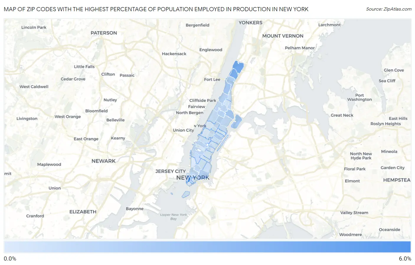 Zip Codes with the Highest Percentage of Population Employed in Production in New York Map