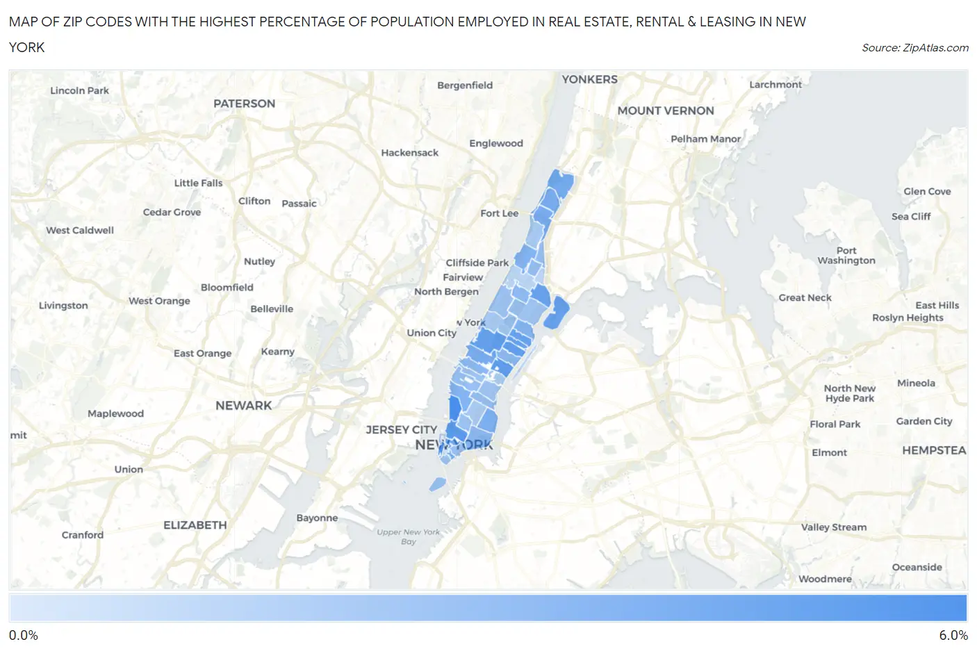 Zip Codes with the Highest Percentage of Population Employed in Real Estate, Rental & Leasing in New York Map