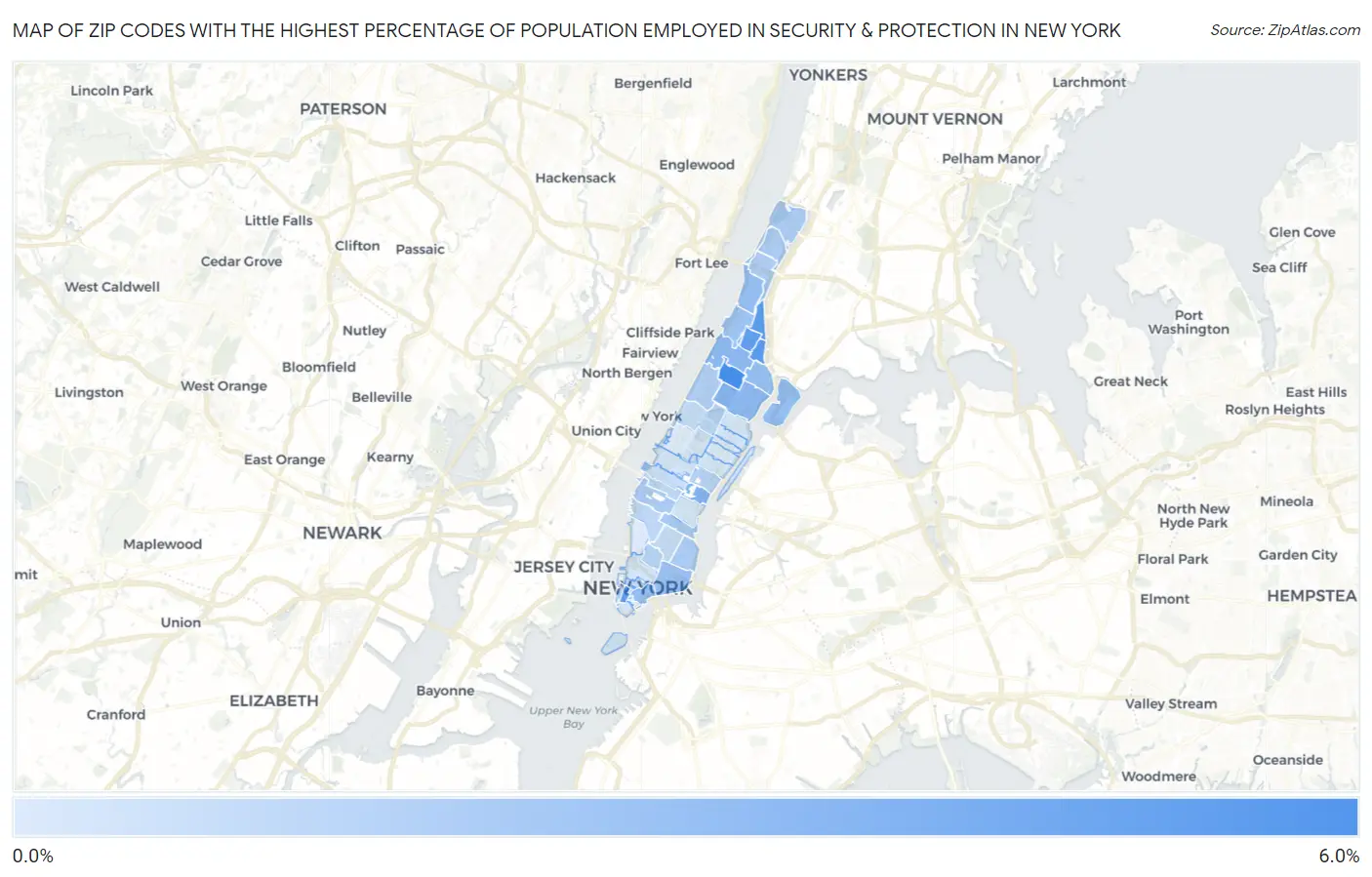Zip Codes with the Highest Percentage of Population Employed in Security & Protection in New York Map