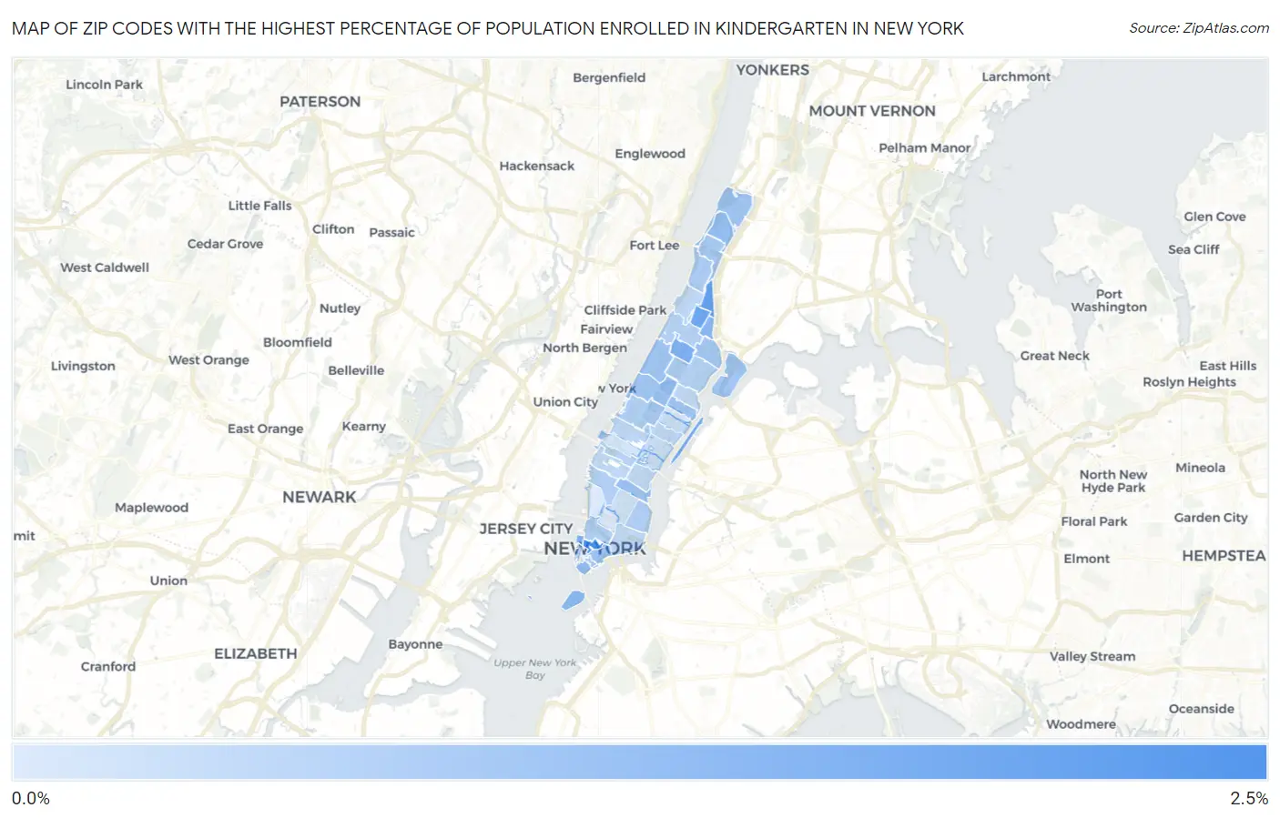 Zip Codes with the Highest Percentage of Population Enrolled in Kindergarten in New York Map