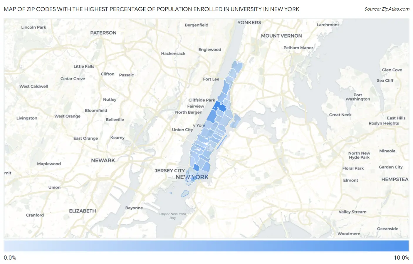 Zip Codes with the Highest Percentage of Population Enrolled in University in New York Map