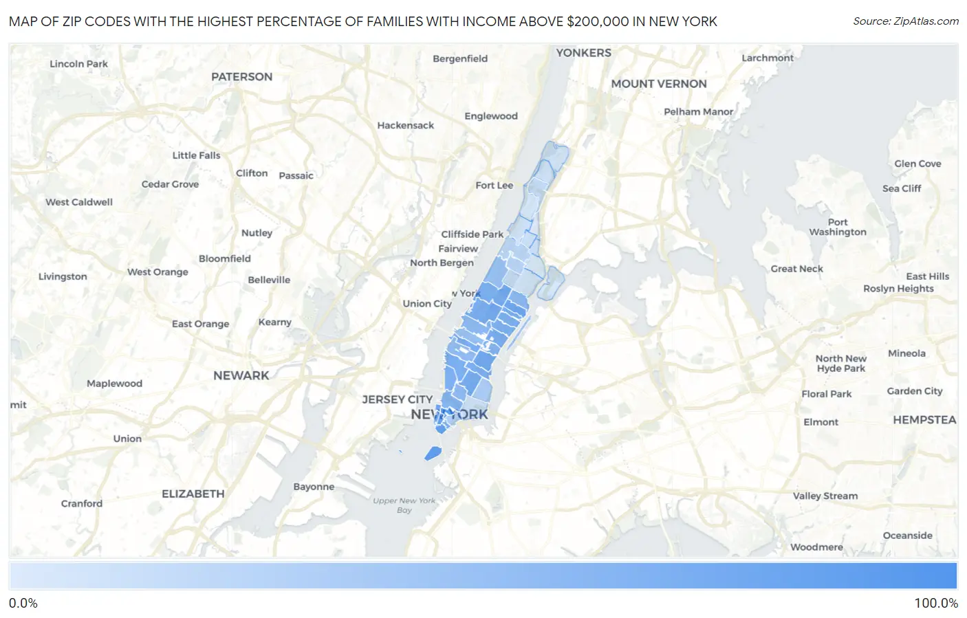 Zip Codes with the Highest Percentage of Families with Income Above $200,000 in New York Map