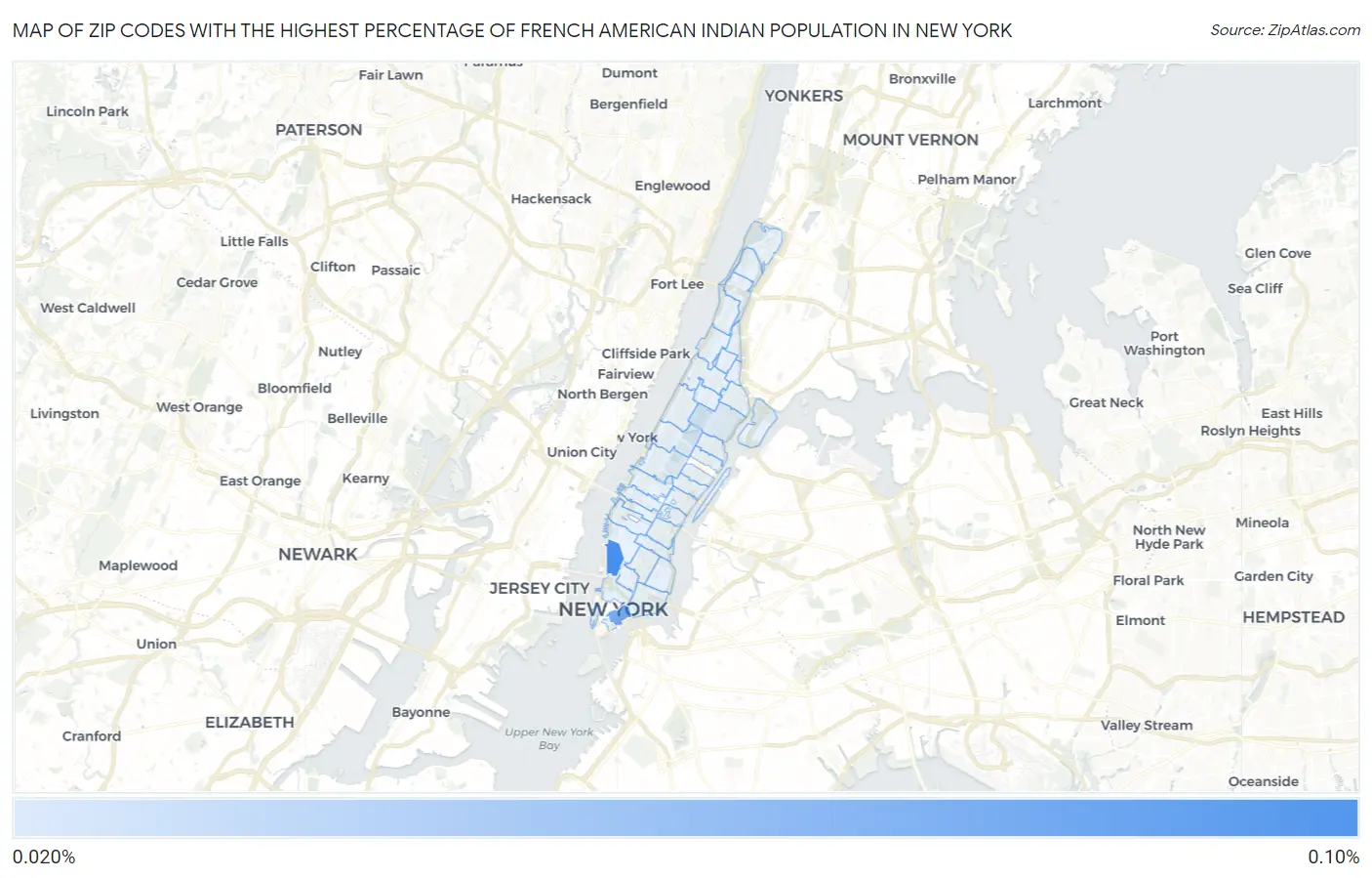 Zip Codes with the Highest Percentage of French American Indian Population in New York Map