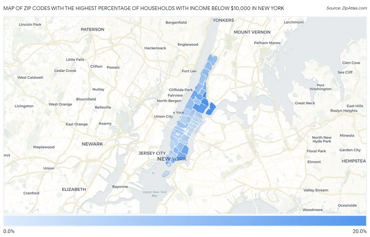 Zip Codes with the Highest Percentage of Households with Income Below $10,000 in New York Map