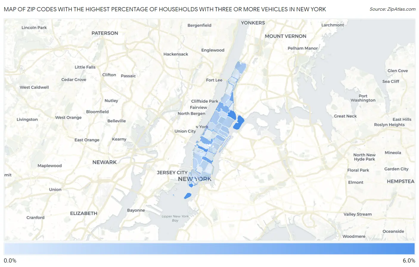 Zip Codes with the Highest Percentage of Households With Three or more Vehicles in New York Map