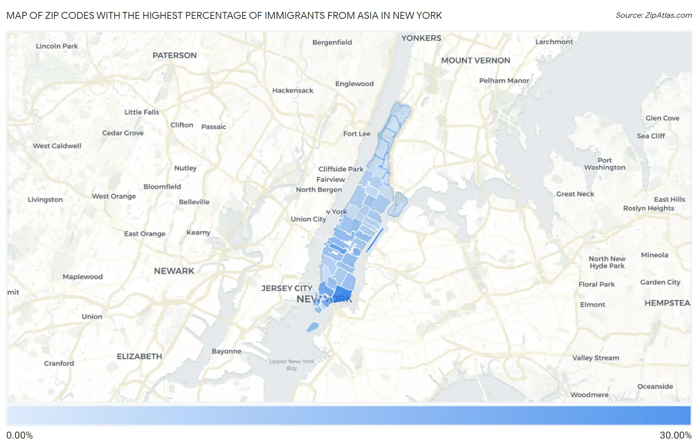 Zip Codes with the Highest Percentage of Immigrants from Asia in New York Map