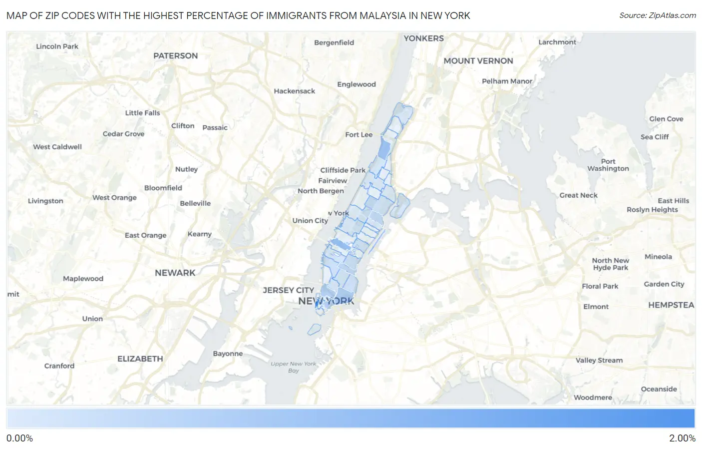Zip Codes with the Highest Percentage of Immigrants from Malaysia in New York Map