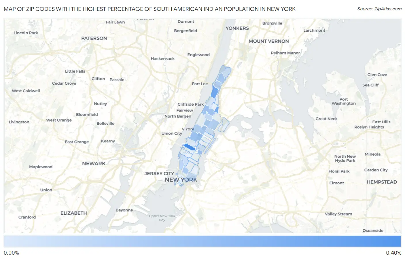 Zip Codes with the Highest Percentage of South American Indian Population in New York Map