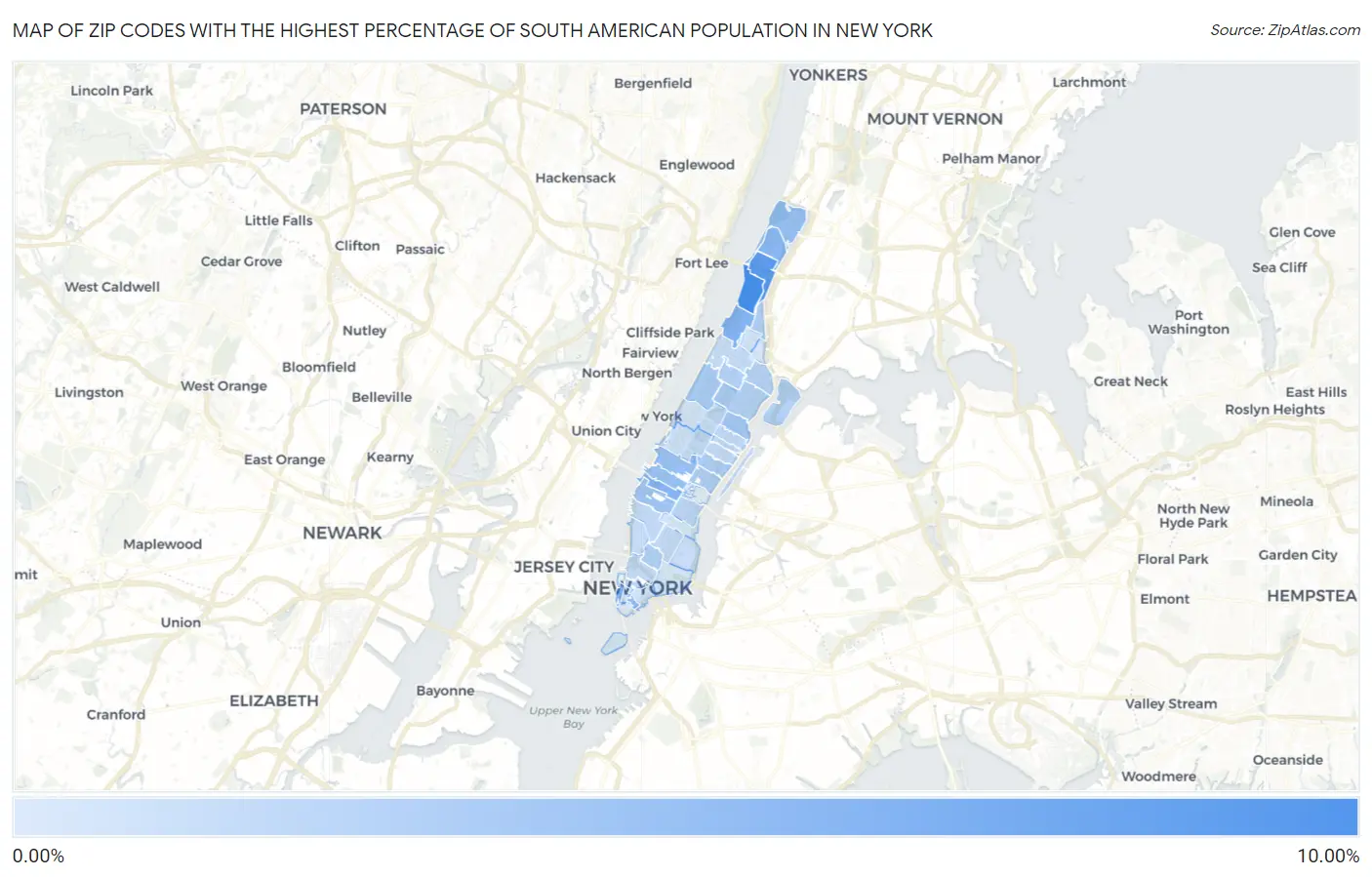 Zip Codes with the Highest Percentage of South American Population in New York Map