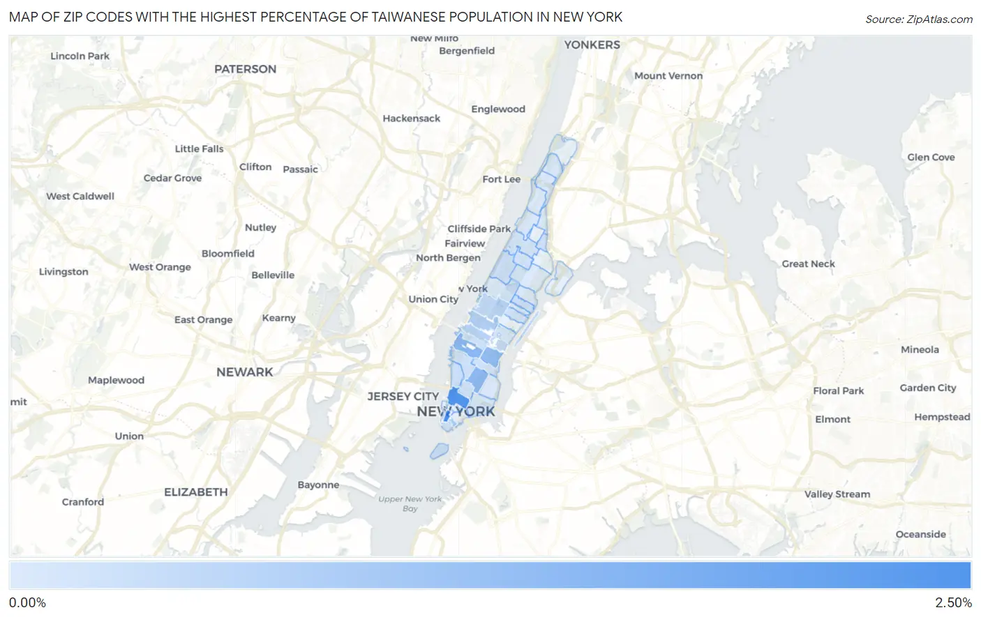 Zip Codes with the Highest Percentage of Taiwanese Population in New York Map