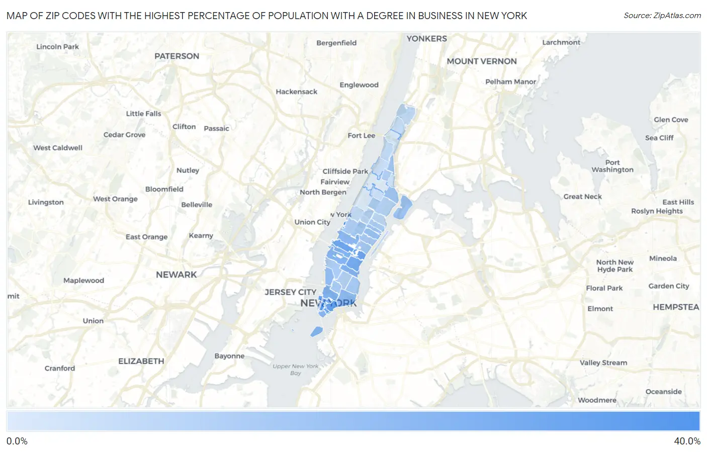 Zip Codes with the Highest Percentage of Population with a Degree in Business in New York Map