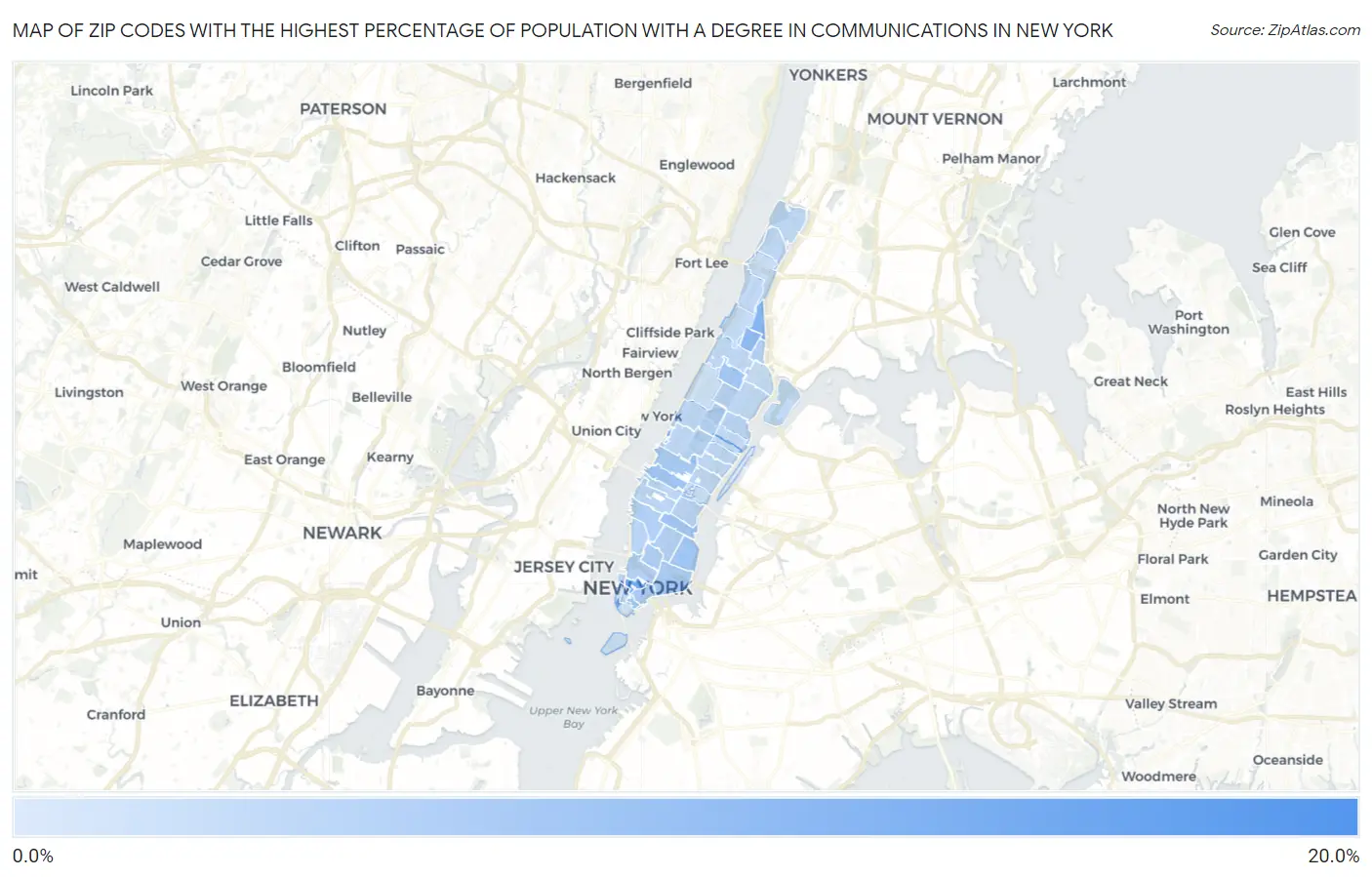 Zip Codes with the Highest Percentage of Population with a Degree in Communications in New York Map