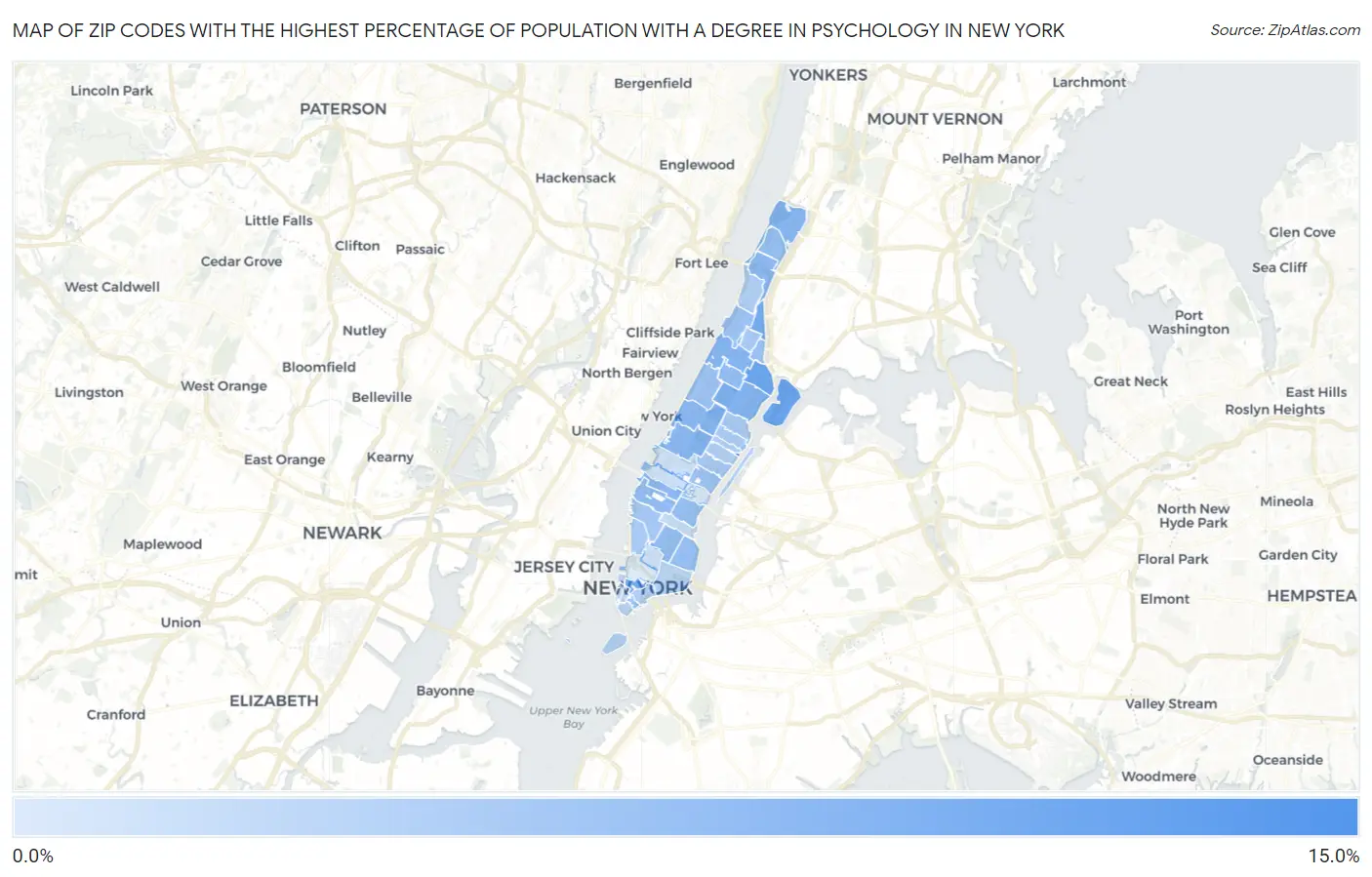 Zip Codes with the Highest Percentage of Population with a Degree in Psychology in New York Map