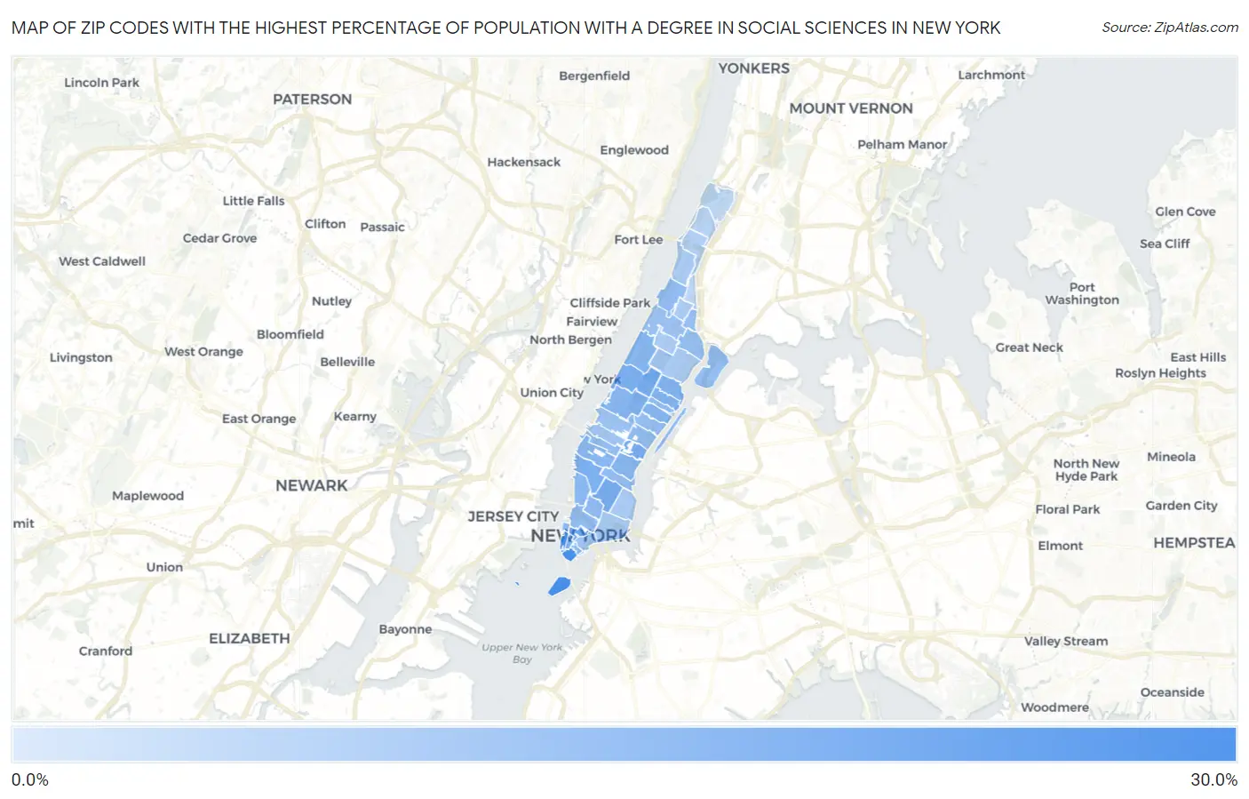 Zip Codes with the Highest Percentage of Population with a Degree in Social Sciences in New York Map