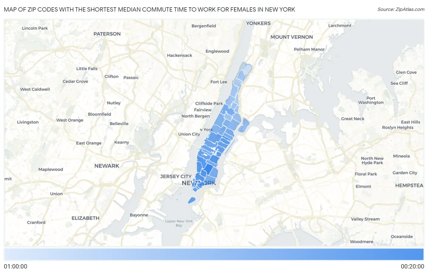 Zip Codes with the Shortest Median Commute Time to Work for Females in New York Map