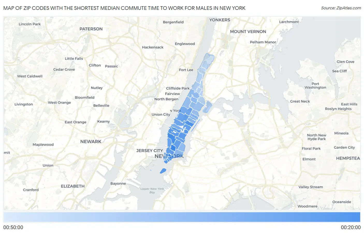 Zip Codes with the Shortest Median Commute Time to Work for Males in New York Map