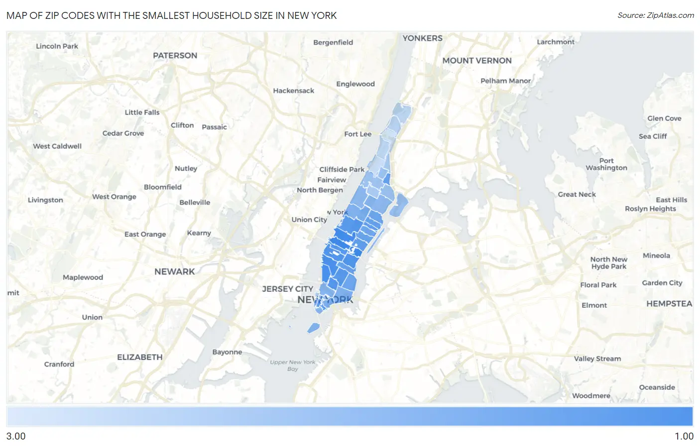 Zip Codes with the Smallest Household Size in New York Map