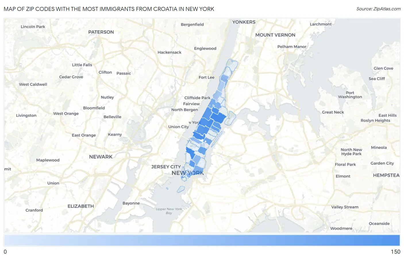 Zip Codes with the Most Immigrants from Croatia in New York Map