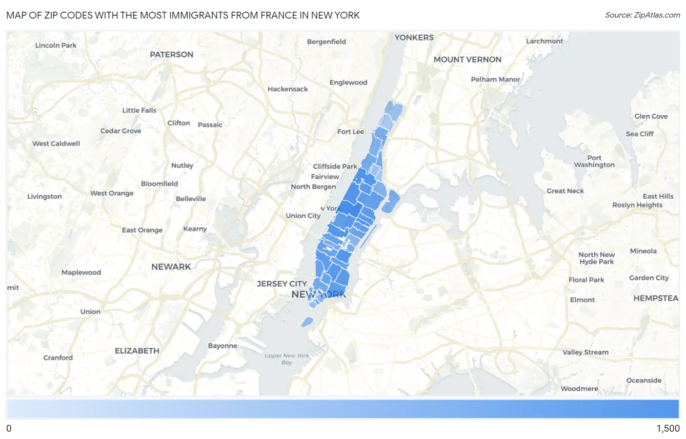 Zip Codes with the Most Immigrants from France in New York Map