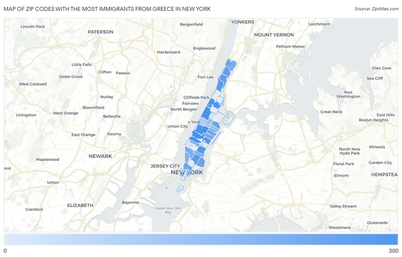 Zip Codes with the Most Immigrants from Greece in New York Map