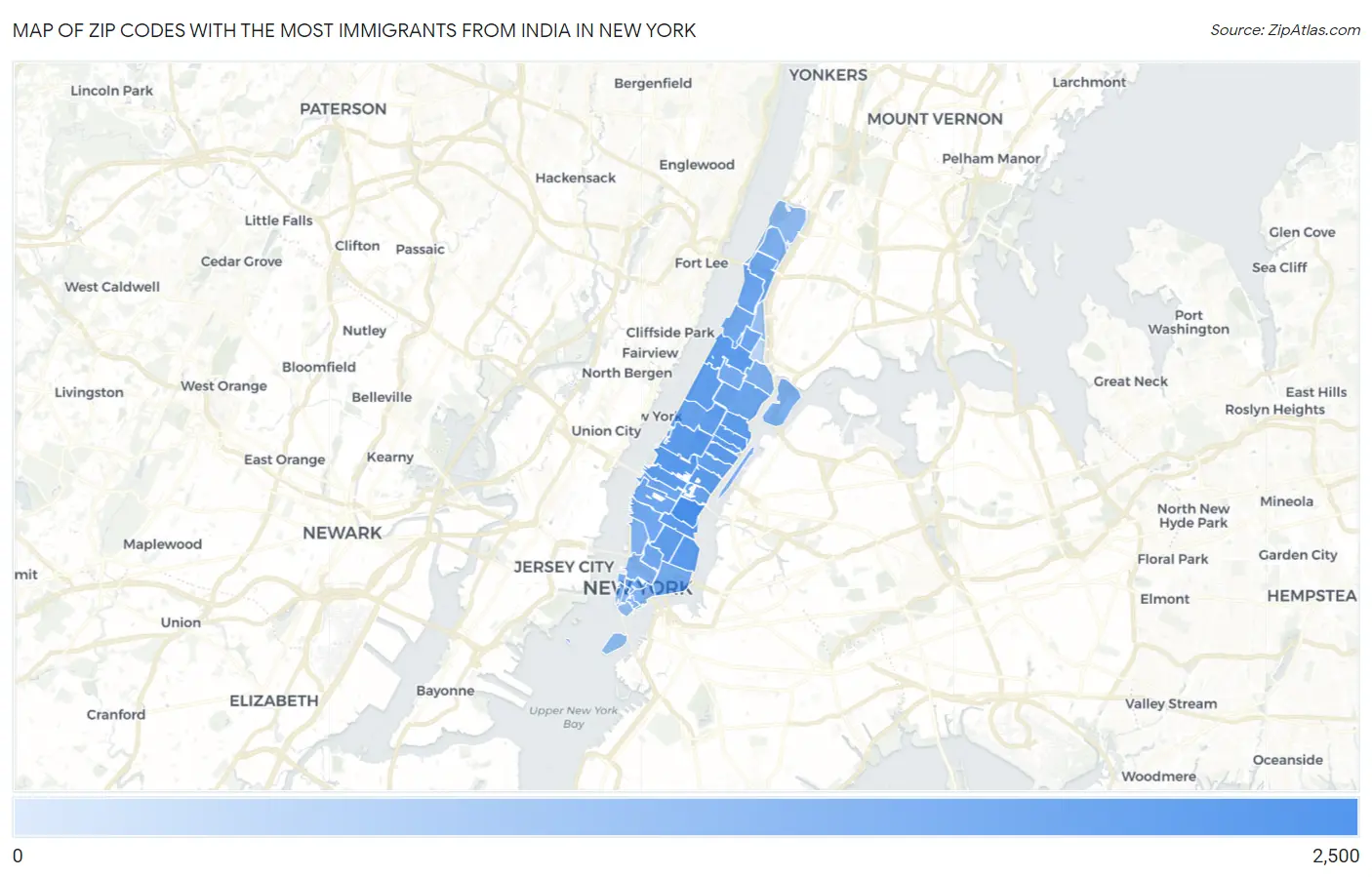 Zip Codes with the Most Immigrants from India in New York Map