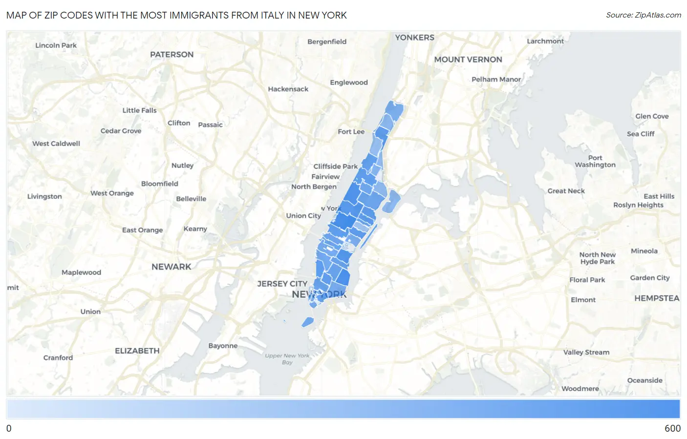 Zip Codes with the Most Immigrants from Italy in New York Map
