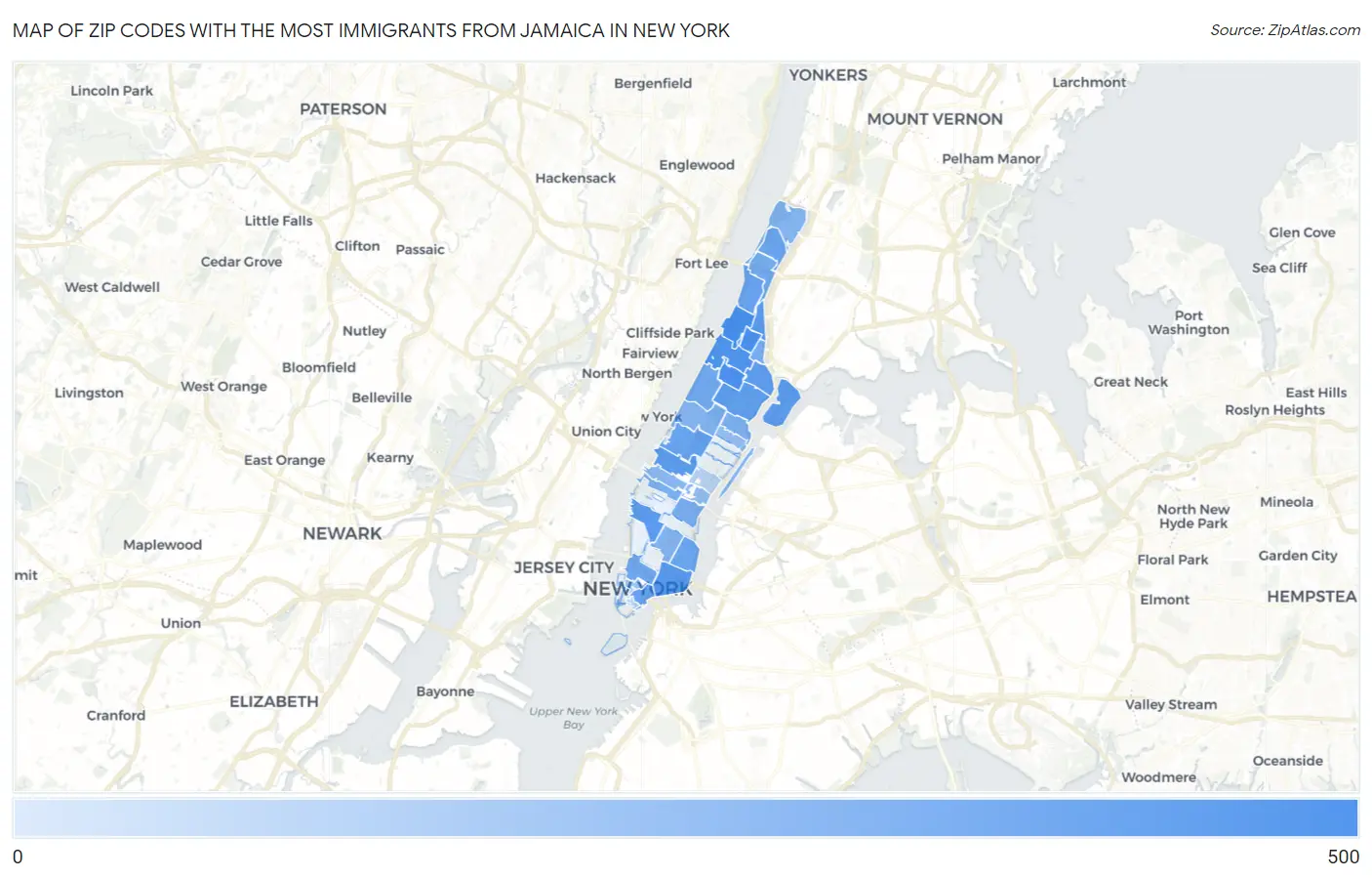 Zip Codes with the Most Immigrants from Jamaica in New York Map