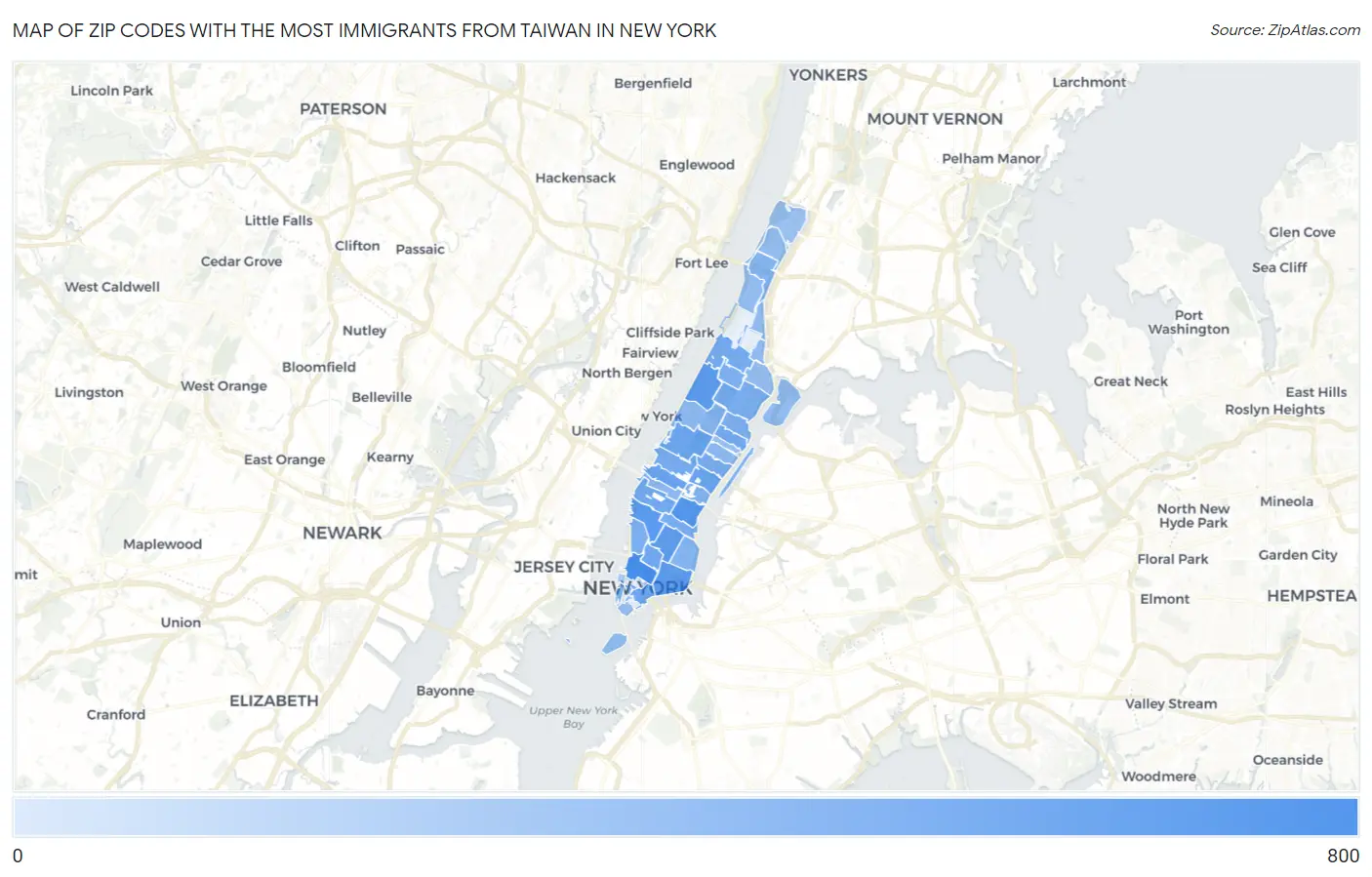 Zip Codes with the Most Immigrants from Taiwan in New York Map
