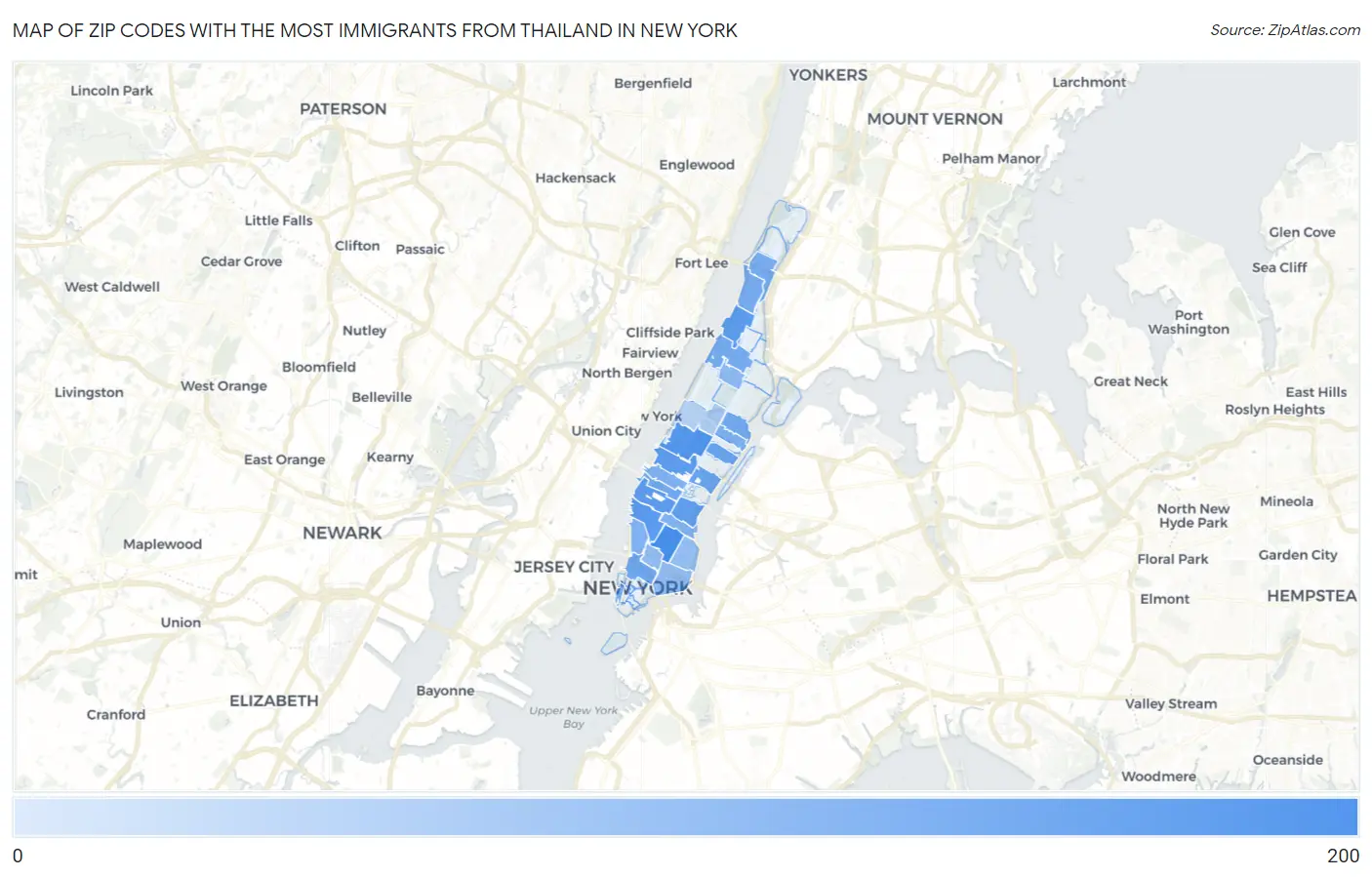 Zip Codes with the Most Immigrants from Thailand in New York Map