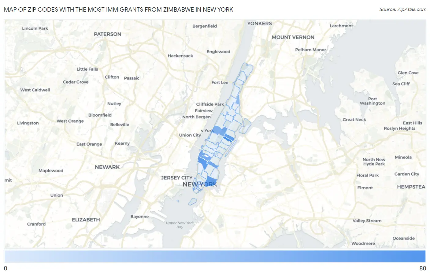 Zip Codes with the Most Immigrants from Zimbabwe in New York Map