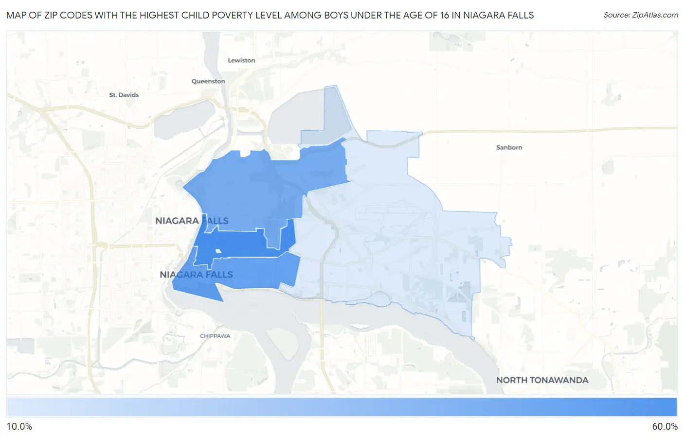 Zip Codes with the Highest Child Poverty Level Among Boys Under the Age of 16 in Niagara Falls Map