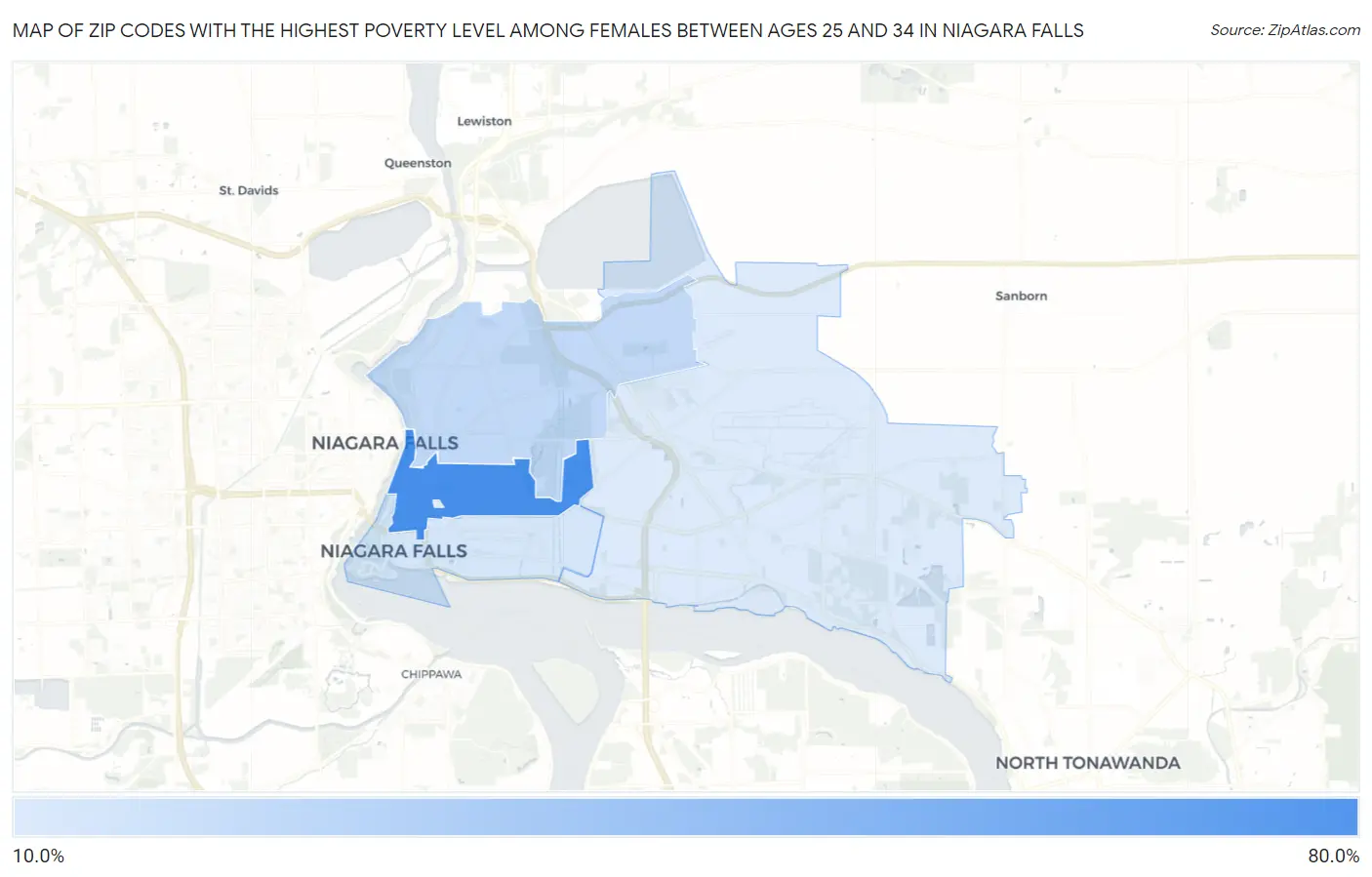Zip Codes with the Highest Poverty Level Among Females Between Ages 25 and 34 in Niagara Falls Map