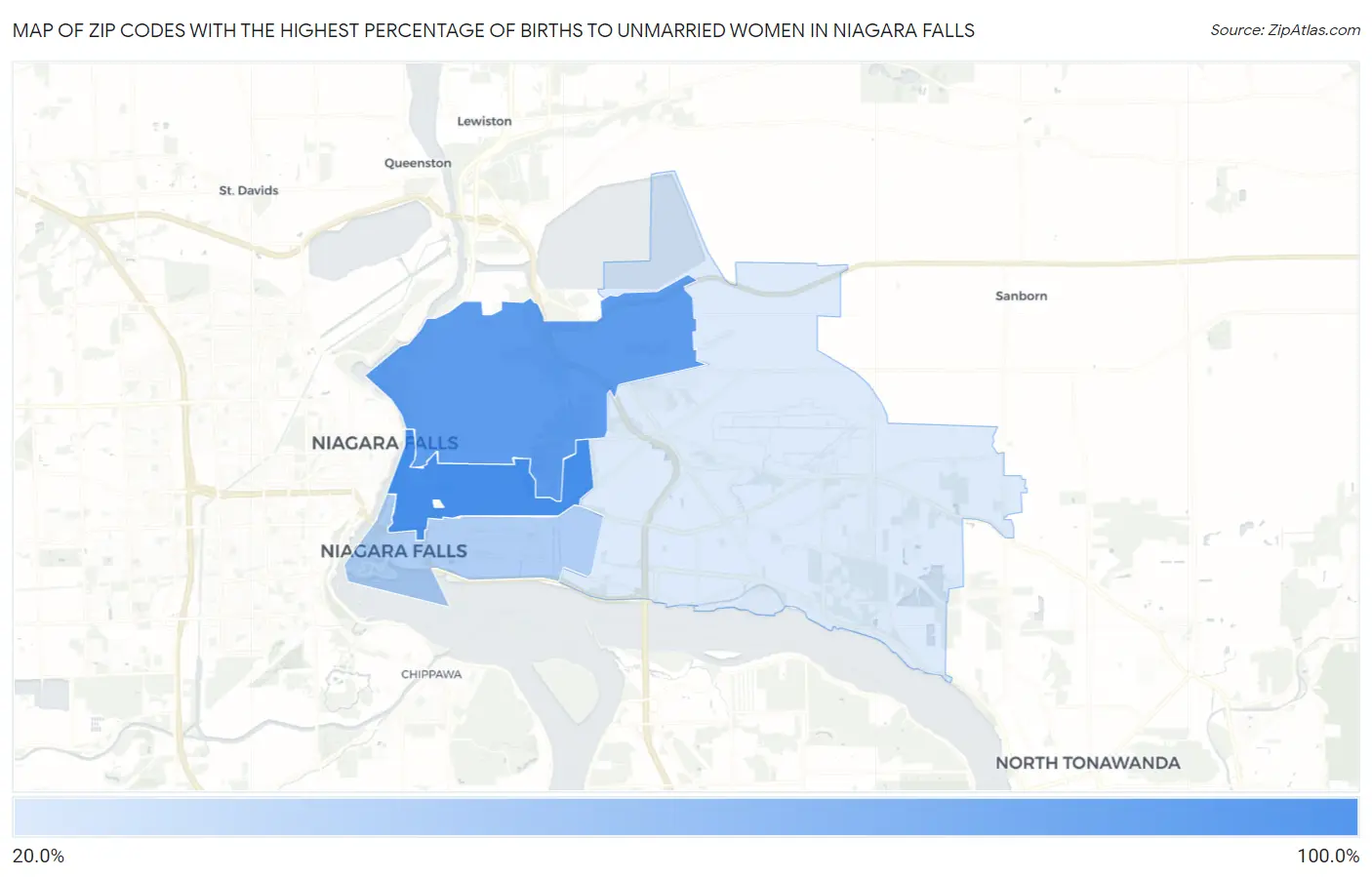 Zip Codes with the Highest Percentage of Births to Unmarried Women in Niagara Falls Map