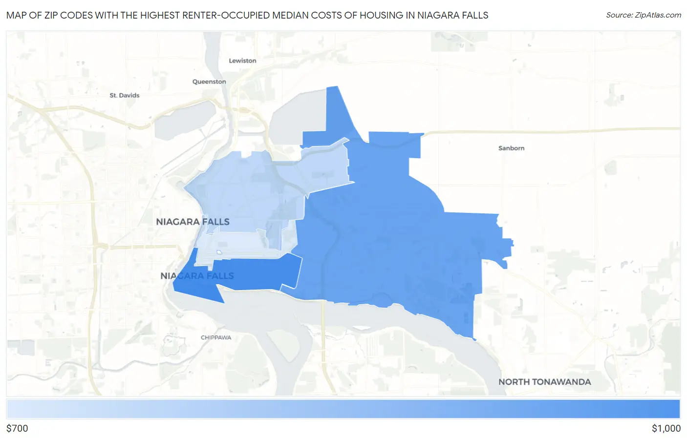 Zip Codes with the Highest Renter-Occupied Median Costs of Housing in Niagara Falls Map