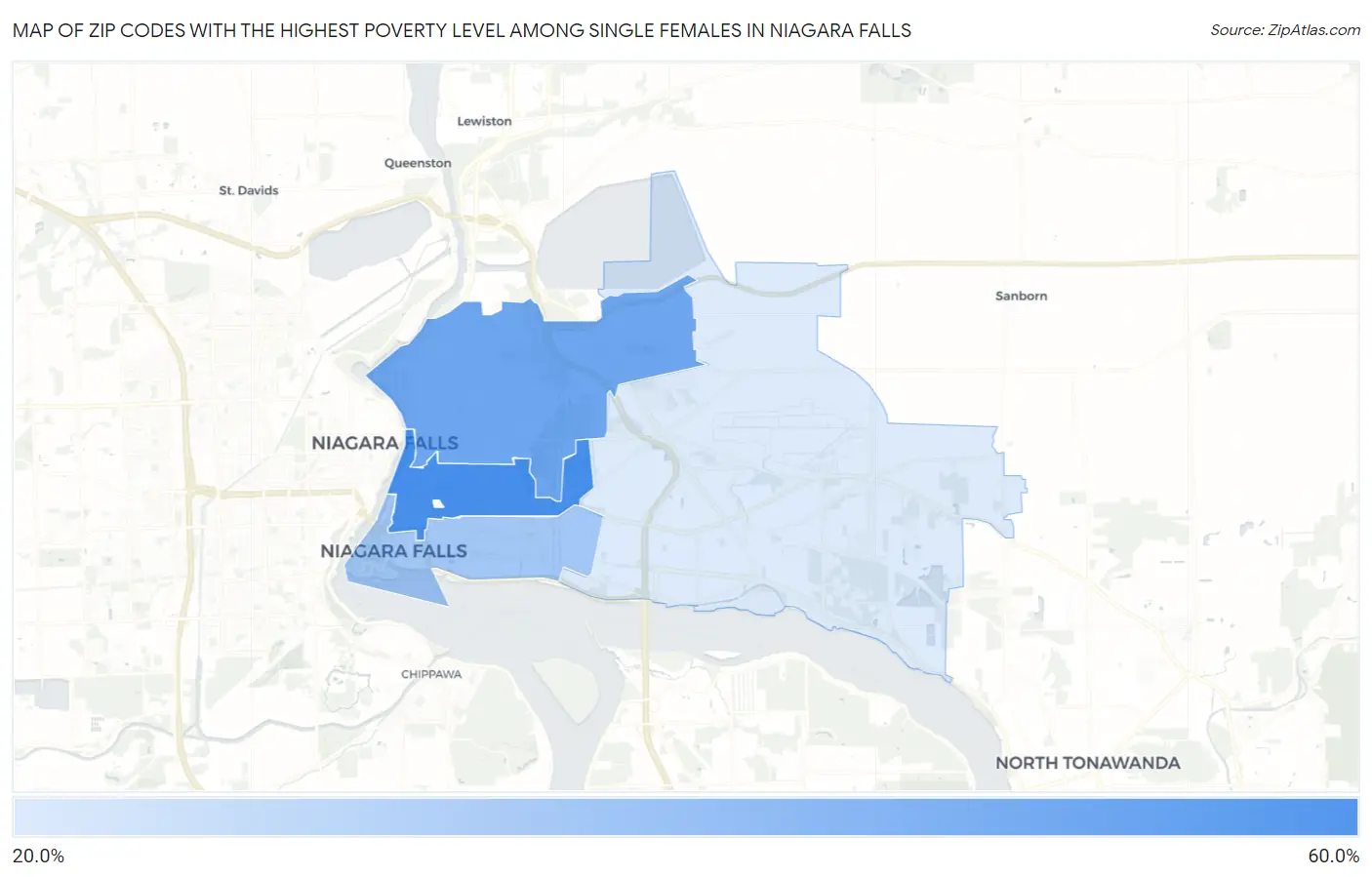 Zip Codes with the Highest Poverty Level Among Single Females in Niagara Falls Map